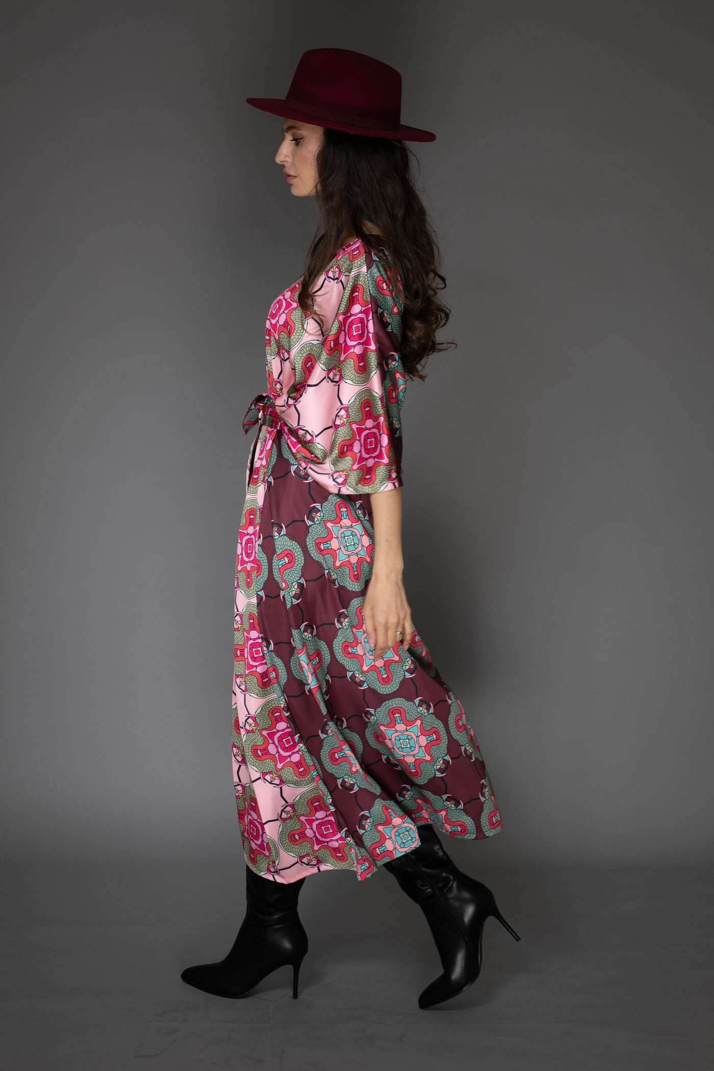 AB - Abstract Multicolor Belted V neck Kaftan Satin Dress