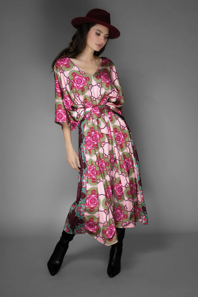 AB - Abstract Multicolor Belted V neck Kaftan Satin Dress