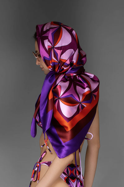 Dark Purple Abstract Print Silk Scarf