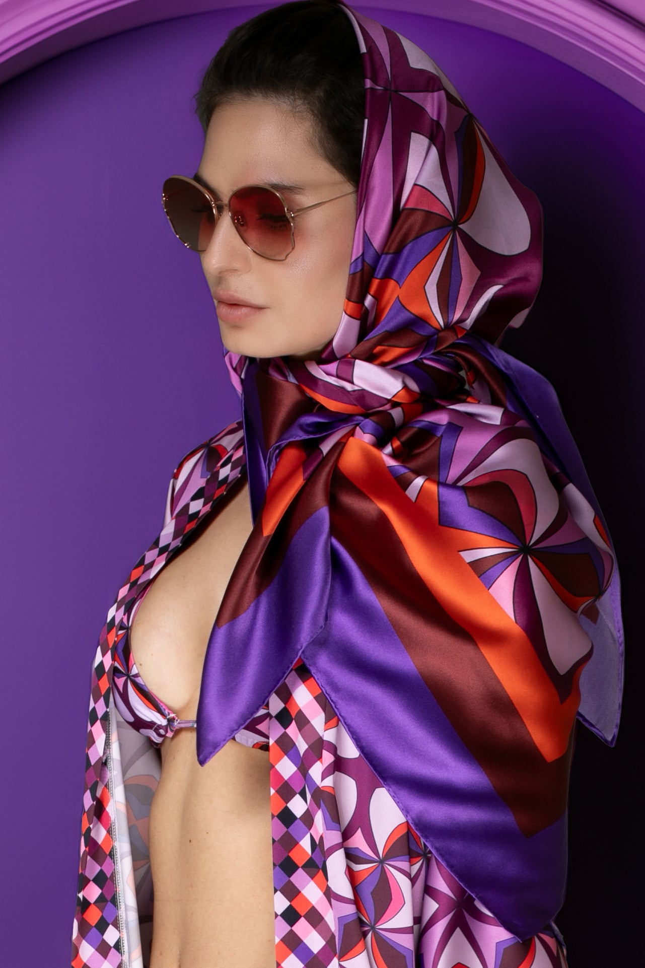 Dark Purple Abstract Print Silk Scarf