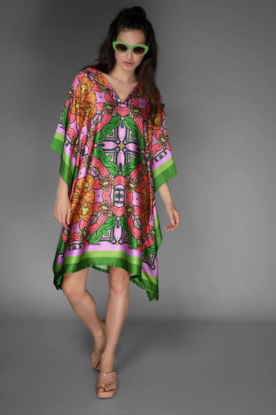 AB -  Floral Exotic Flower Short Satin Kaftan Dress