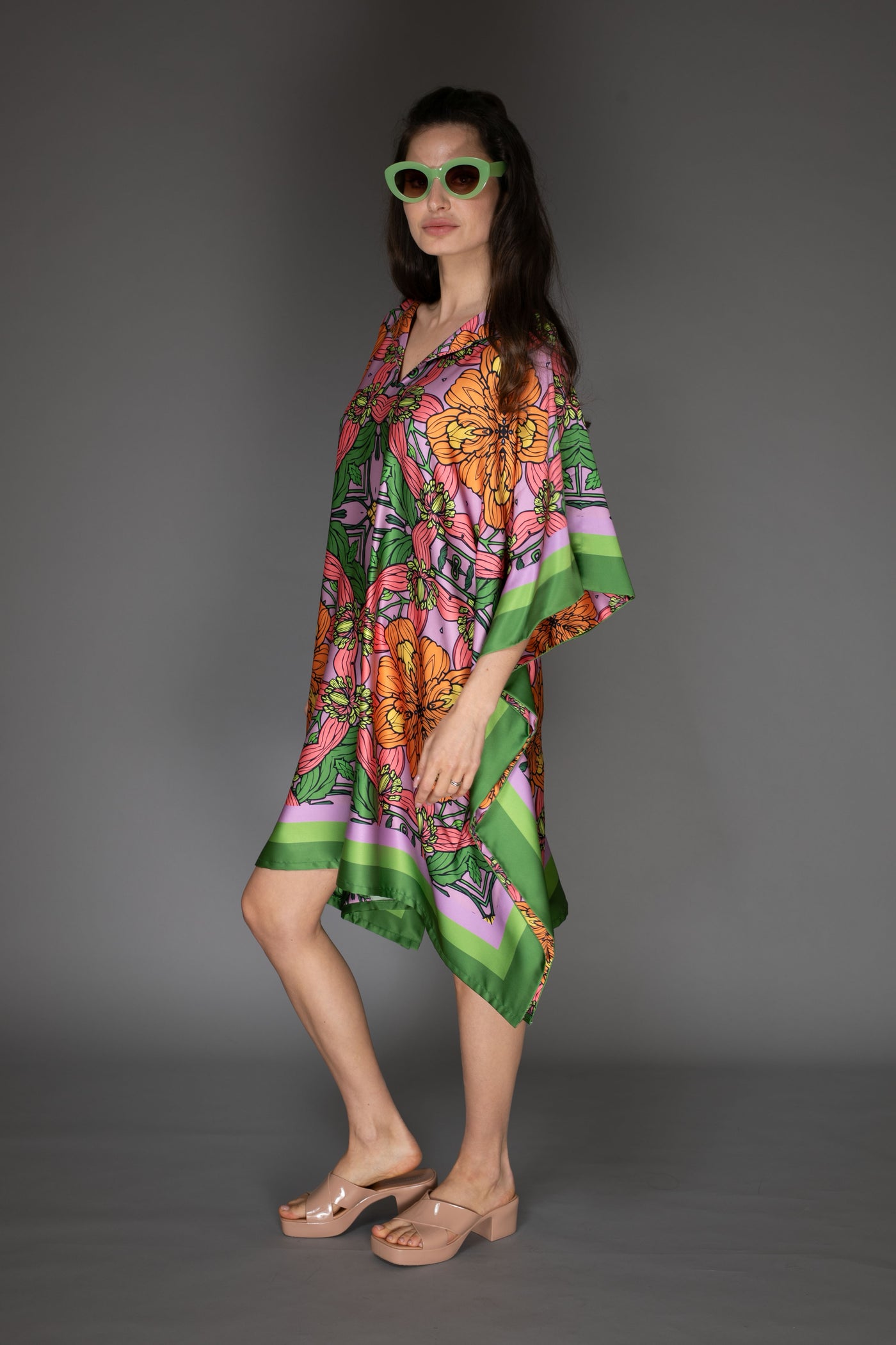 AB -  Floral Exotic Flower Short Satin Kaftan Dress