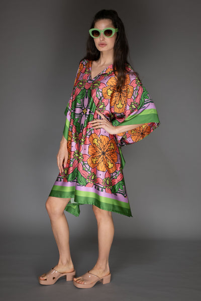 AB -  Floral Exotic Flower Short Satin Kaftan Dress