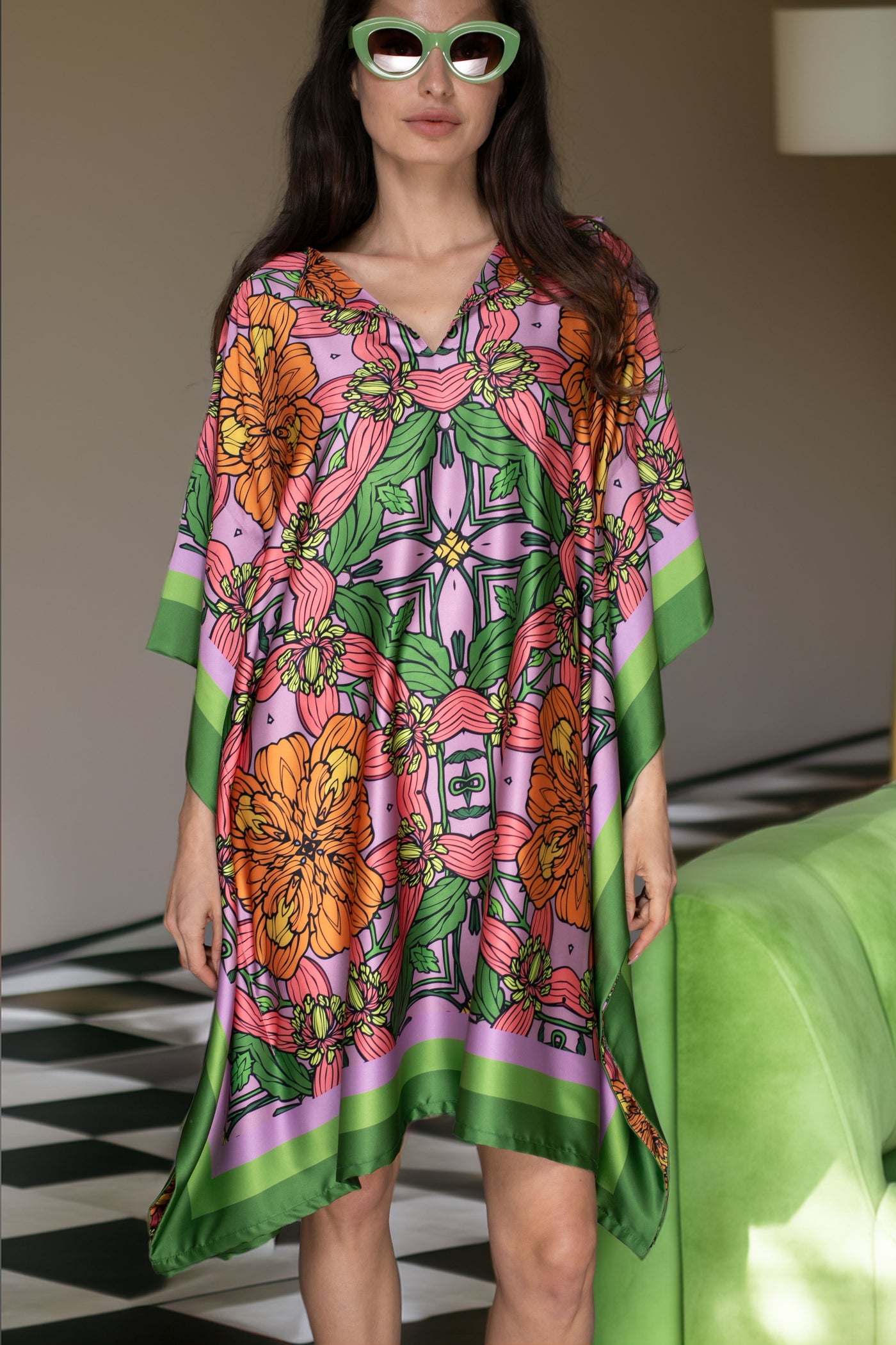 kaftan style short dresses Women's Silk Blend Short Kaftan, Boho Chic Summer Dressing Gown, Boheme Beach Coverup, Loose Fit Mini Dress, Luxury Lounge Wear Gift for Her-blue-