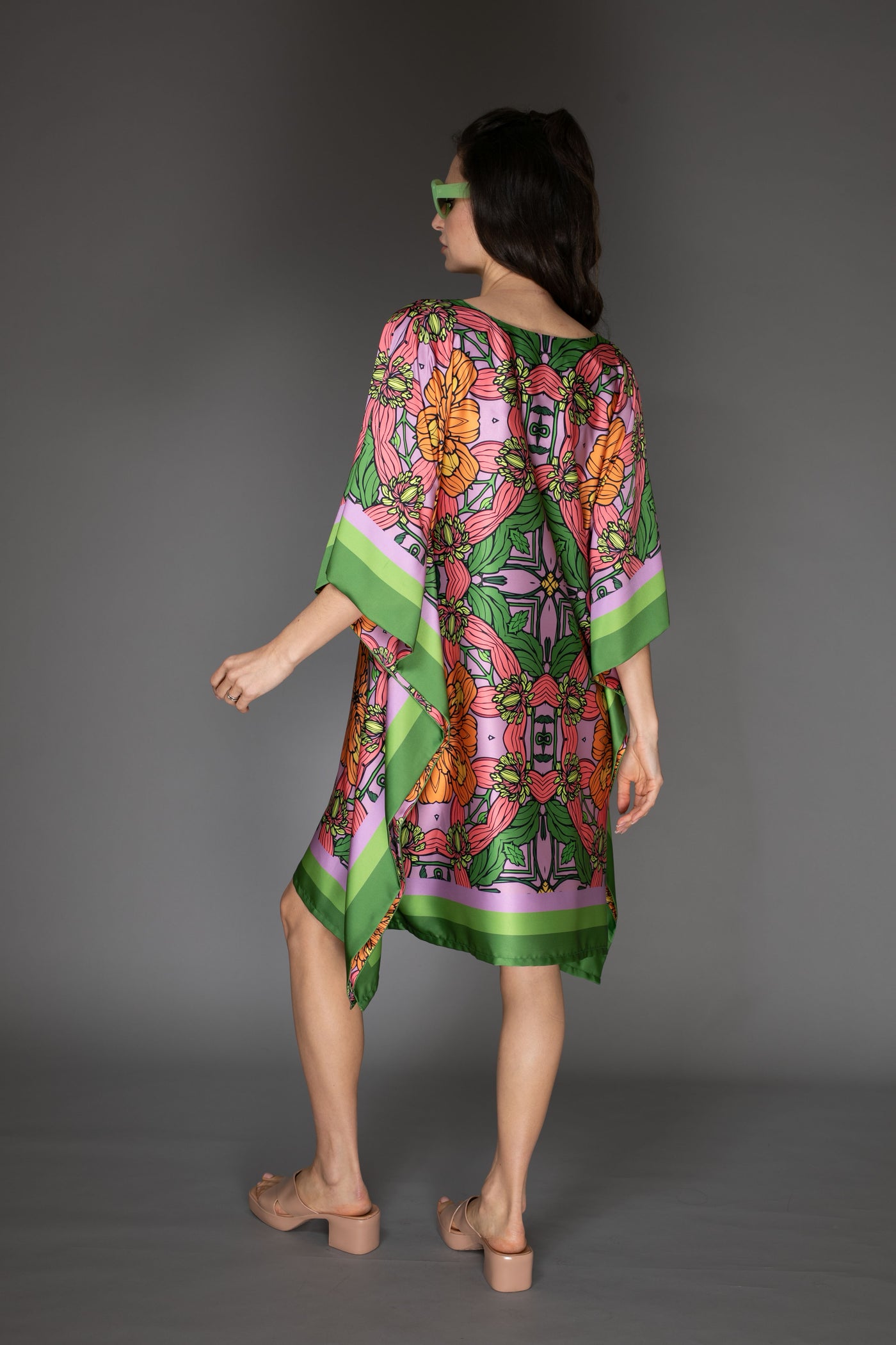 AB -  Floral Exotic Flower Short Satin Kaftan Dress