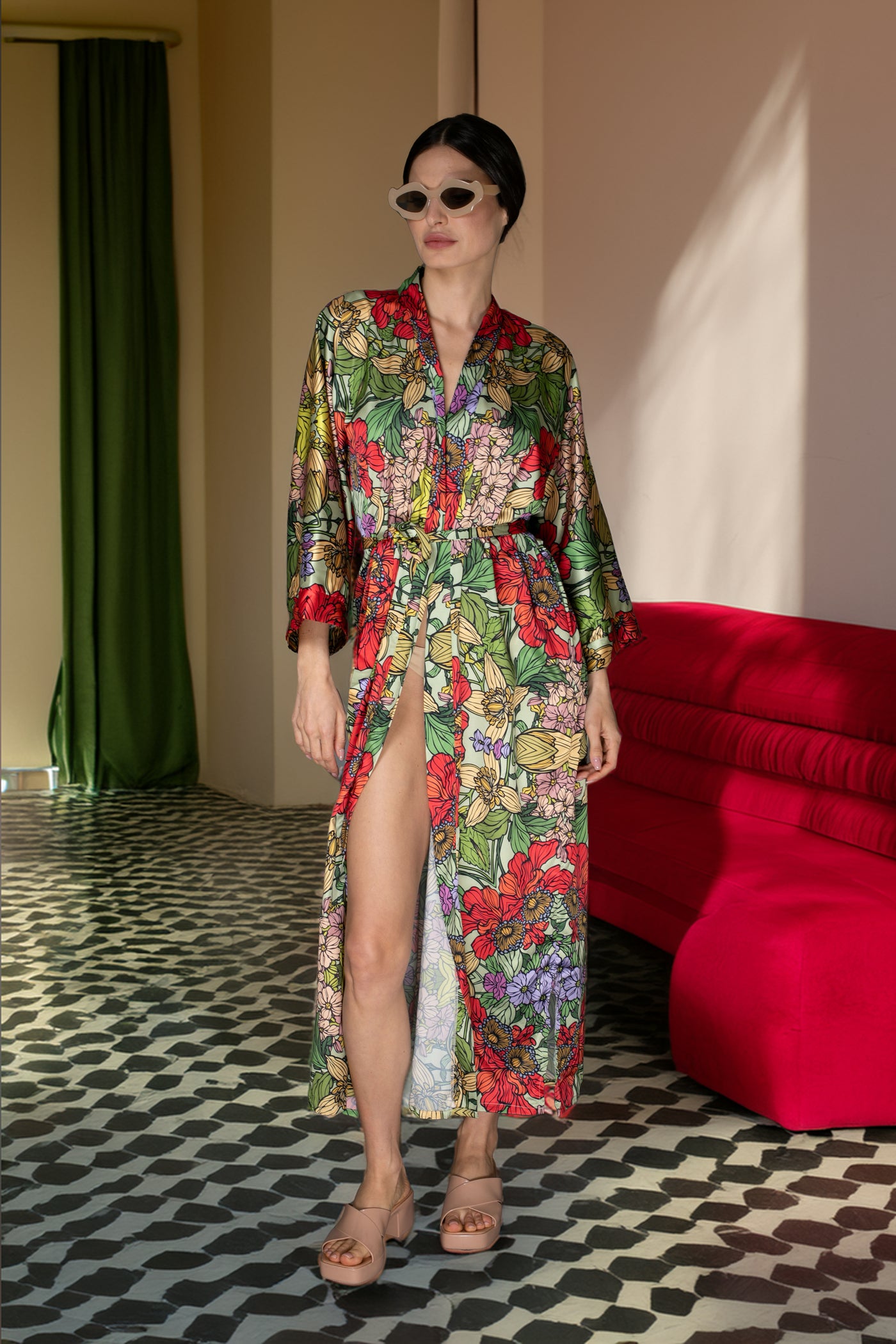 AB Satin Kimono - Multi-Colored Floral Abstract