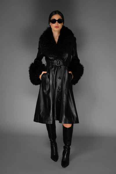 Black Italian Leather & Mongolian Accent Trench Coat