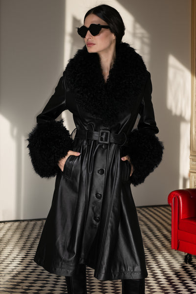 Black Italian Leather & Mongolian Accent Trench Coat