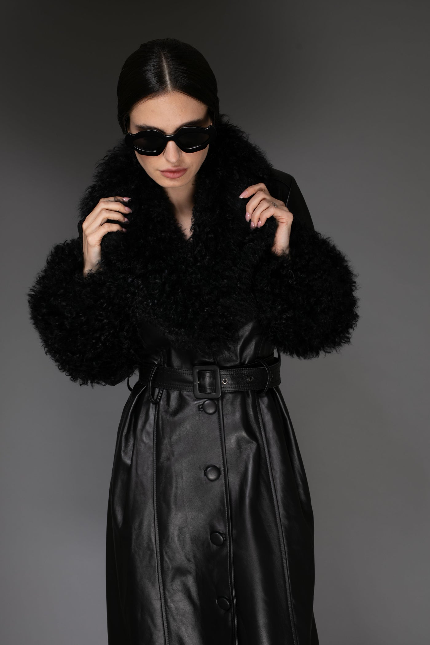 Black Italian Leather & Mongolian Accent Trench Coat