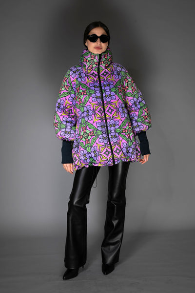 Lilac Art Nouveau Stand-up Collar Puffer Jacket