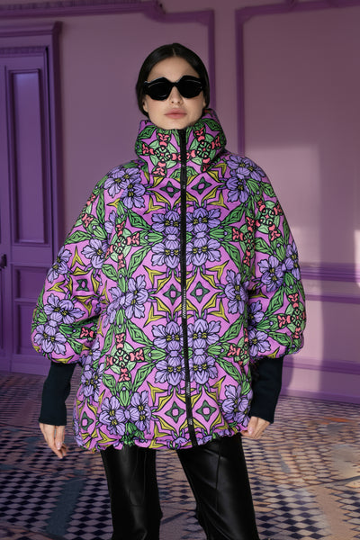 Lilac Art Nouveau Stand-up Collar Puffer Jacket