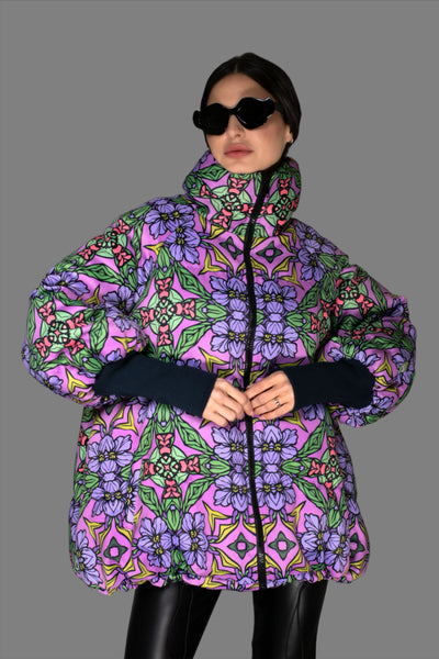 Lilac Art Nouveau Stand-up Collar Puffer Jacket