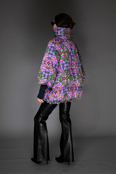 Lilac Art Nouveau Stand-up Collar Puffer Jacket