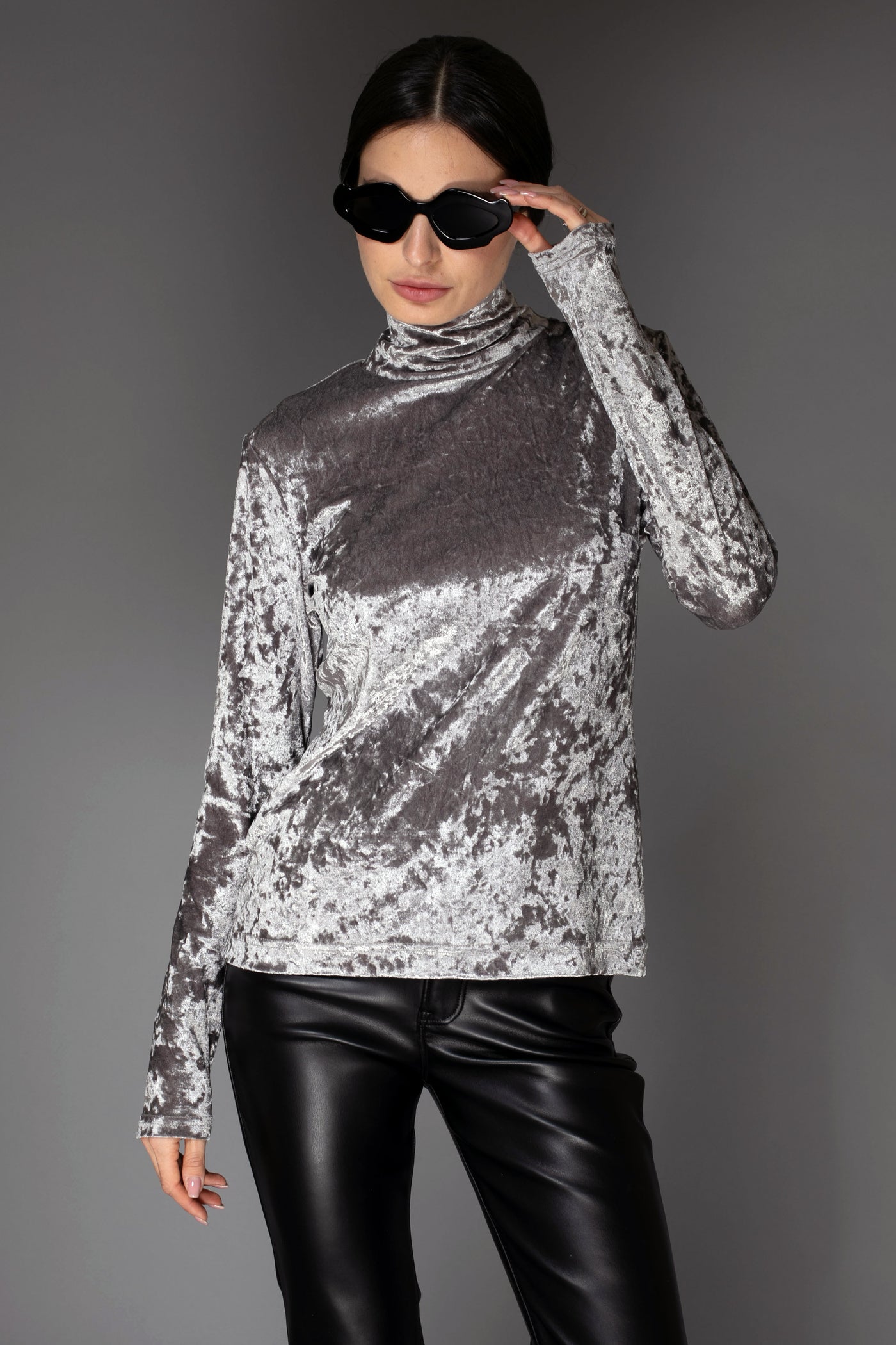 Silver Grey Long-Sleeve Silky Velvet Turtleneck