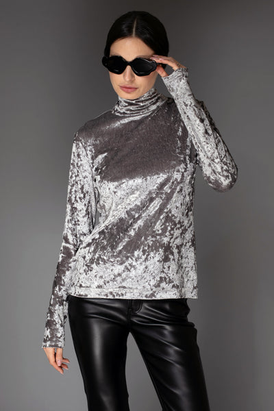 Silver Grey Long-Sleeve Silky Velvet Turtleneck