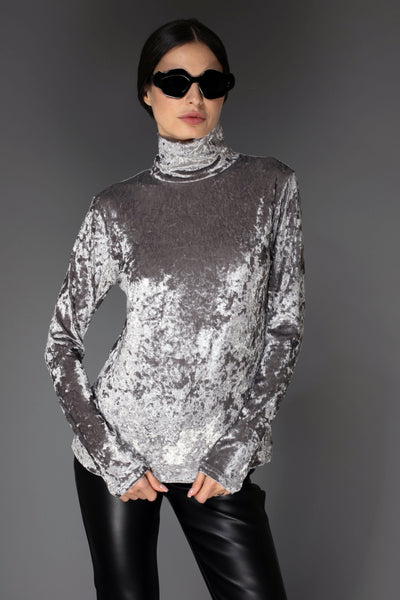 Silver Grey Long-Sleeve Silky Velvet Turtleneck