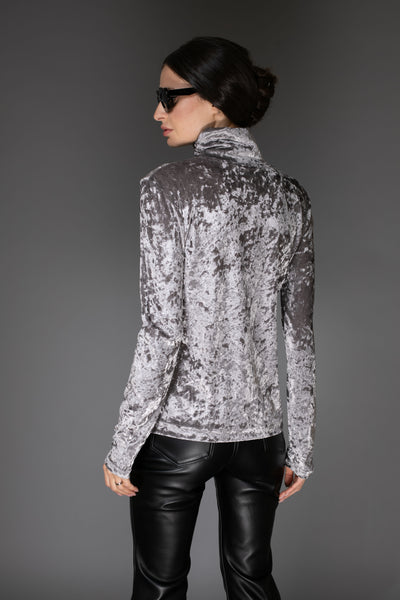 Silver Grey Long-Sleeve Silky Velvet Turtleneck
