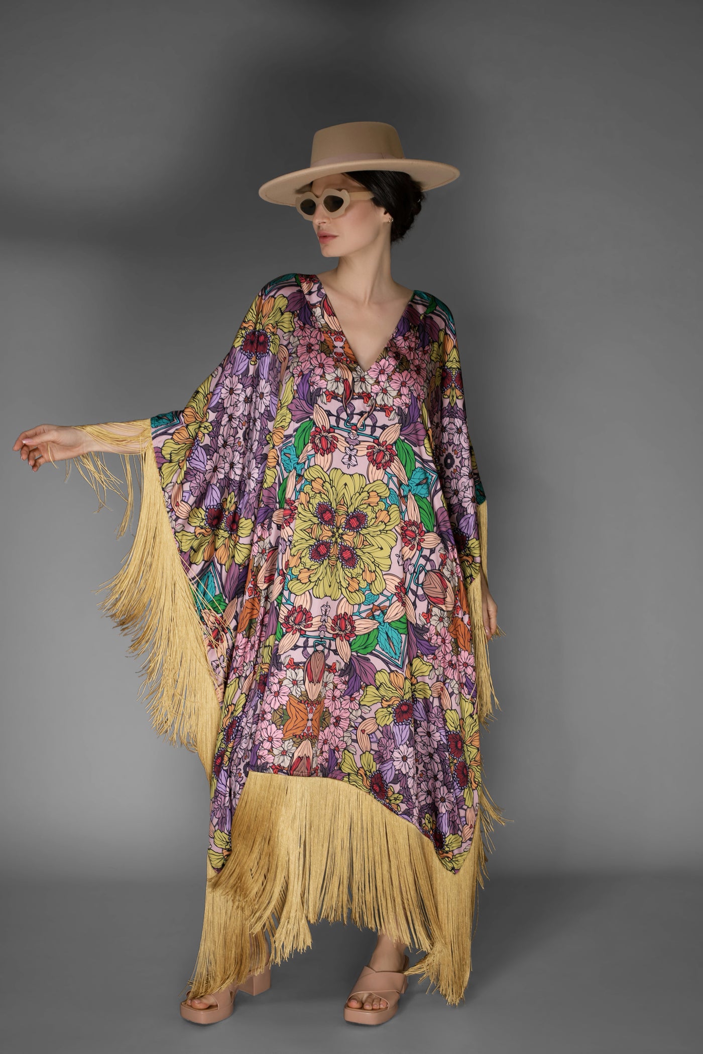 AB -  Gold Fringed Golden Floral Satin Long Kaftan Dress