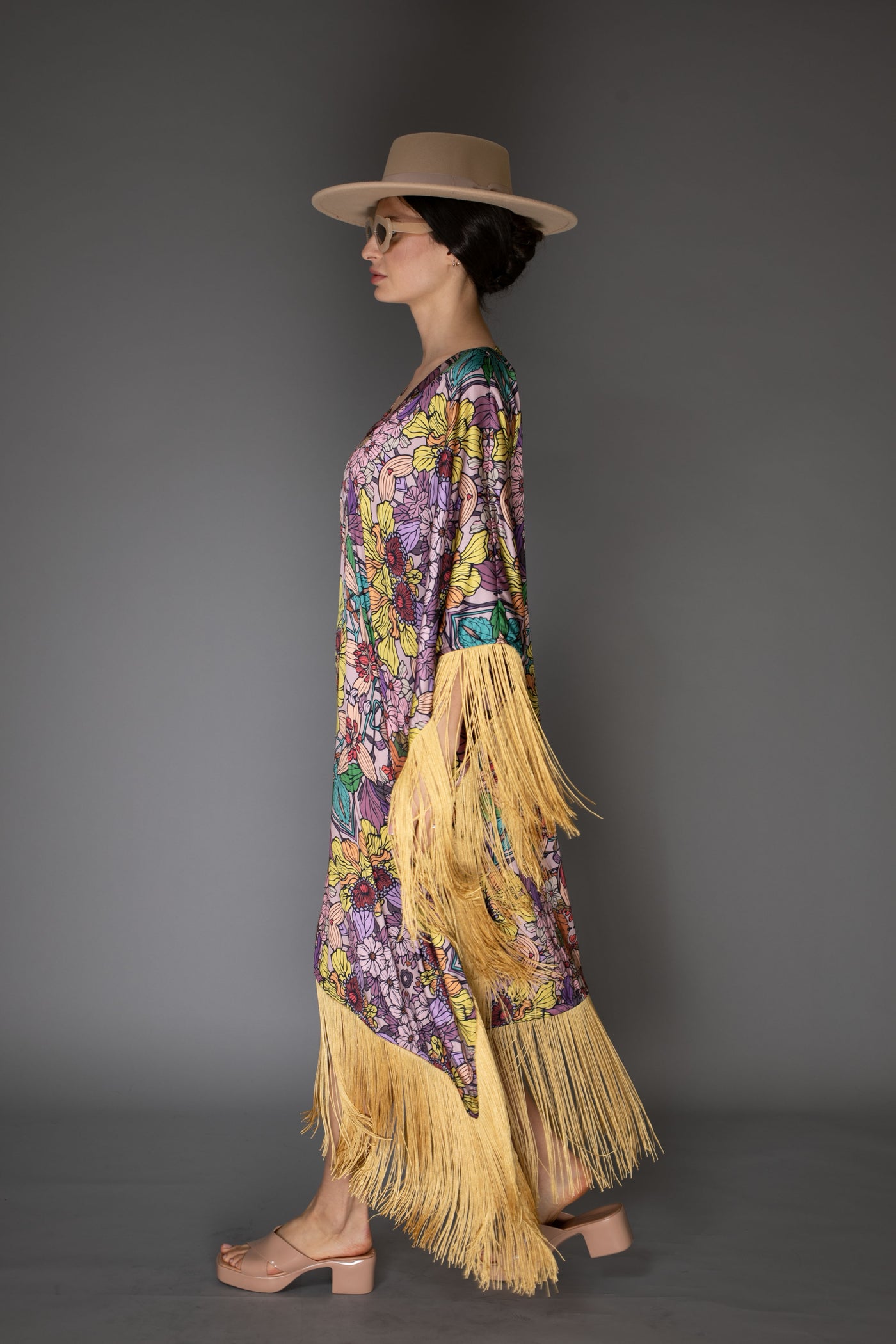 AB -  Gold Fringed Golden Floral Satin Long Kaftan Dress
