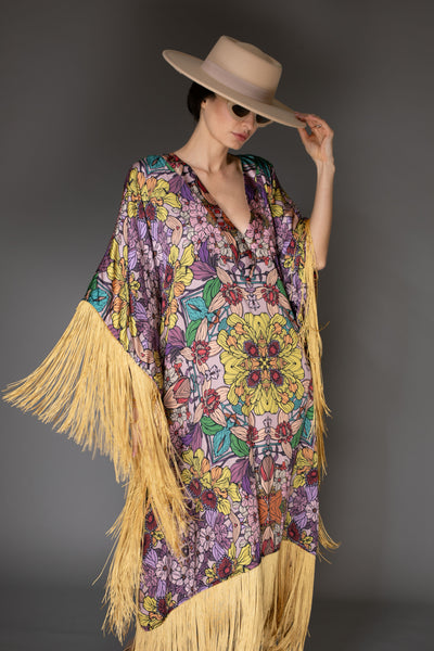 AB -  Gold Fringed Golden Floral Satin Long Kaftan Dress