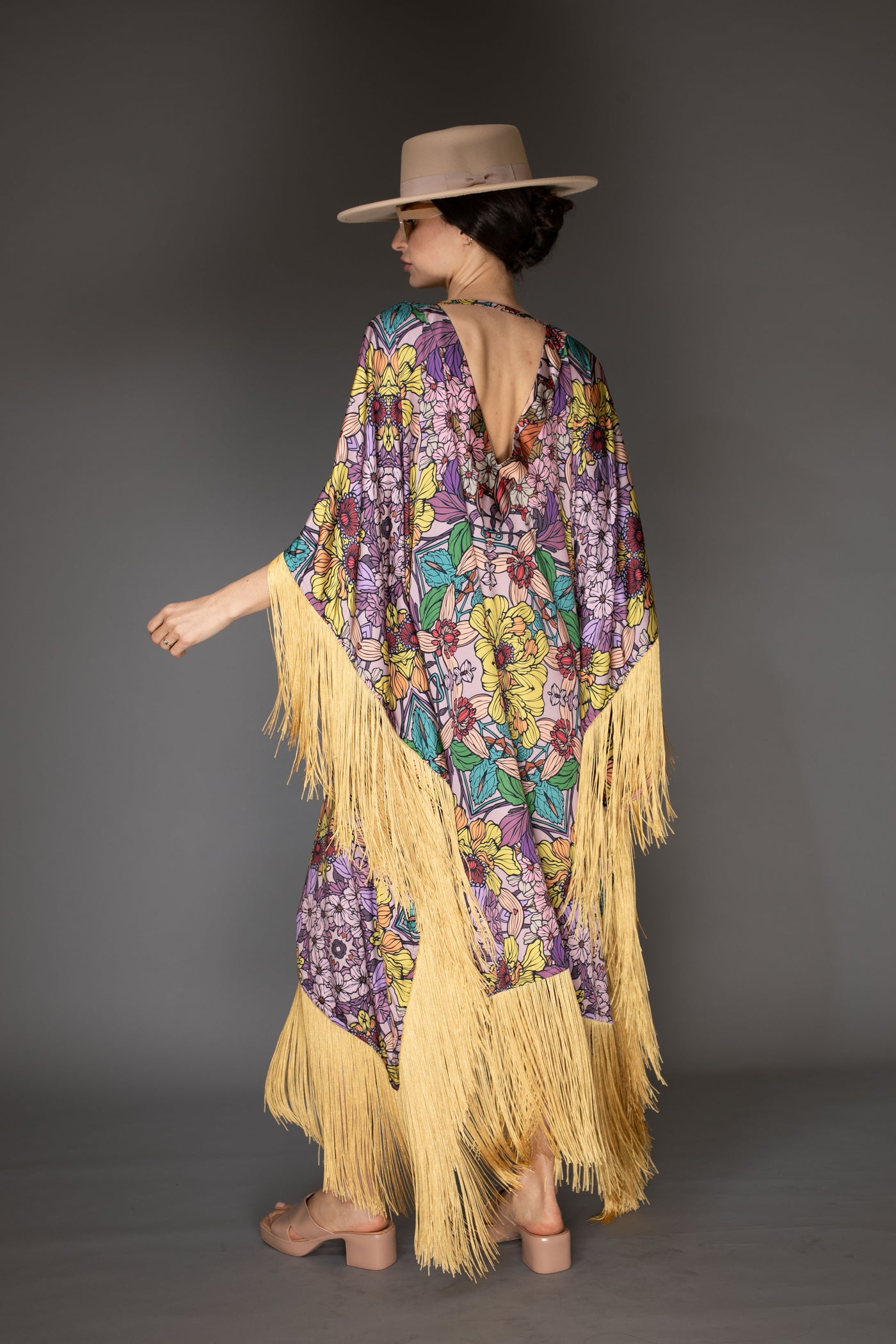 AB -  Gold Fringed Golden Floral Satin Long Kaftan Dress