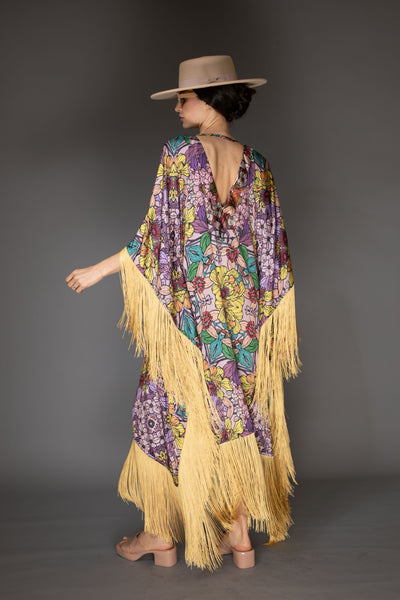 AB -  Gold Fringed Golden Floral Satin Long Kaftan Dress