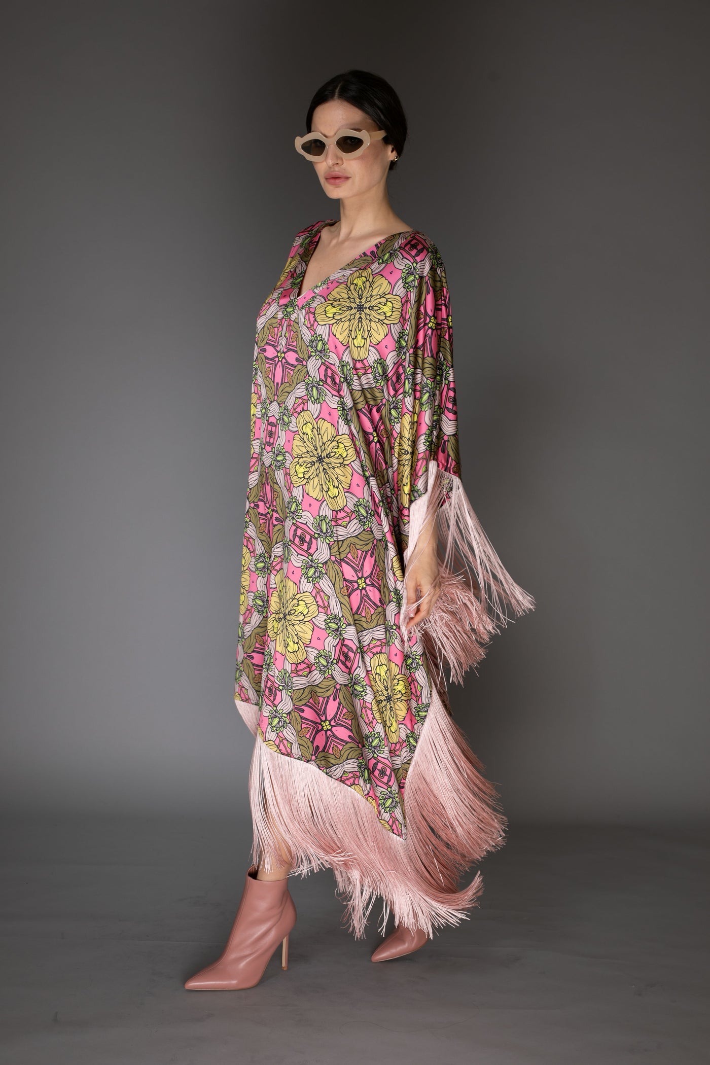 AB -  Rose Pink Fringed Satin Cady Long Kaftan Dress