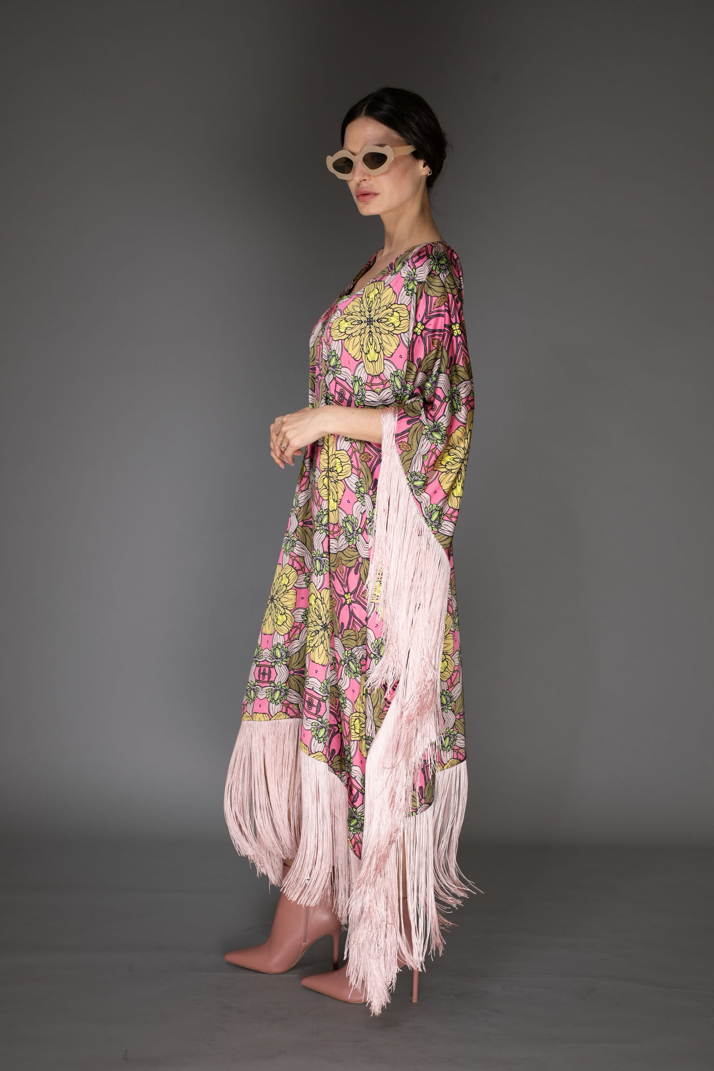 AB -  Rose Pink Fringed Satin Cady Long Kaftan Dress