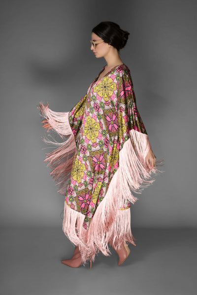 AB -  Rose Pink Fringed Satin Cady Long Kaftan Dress