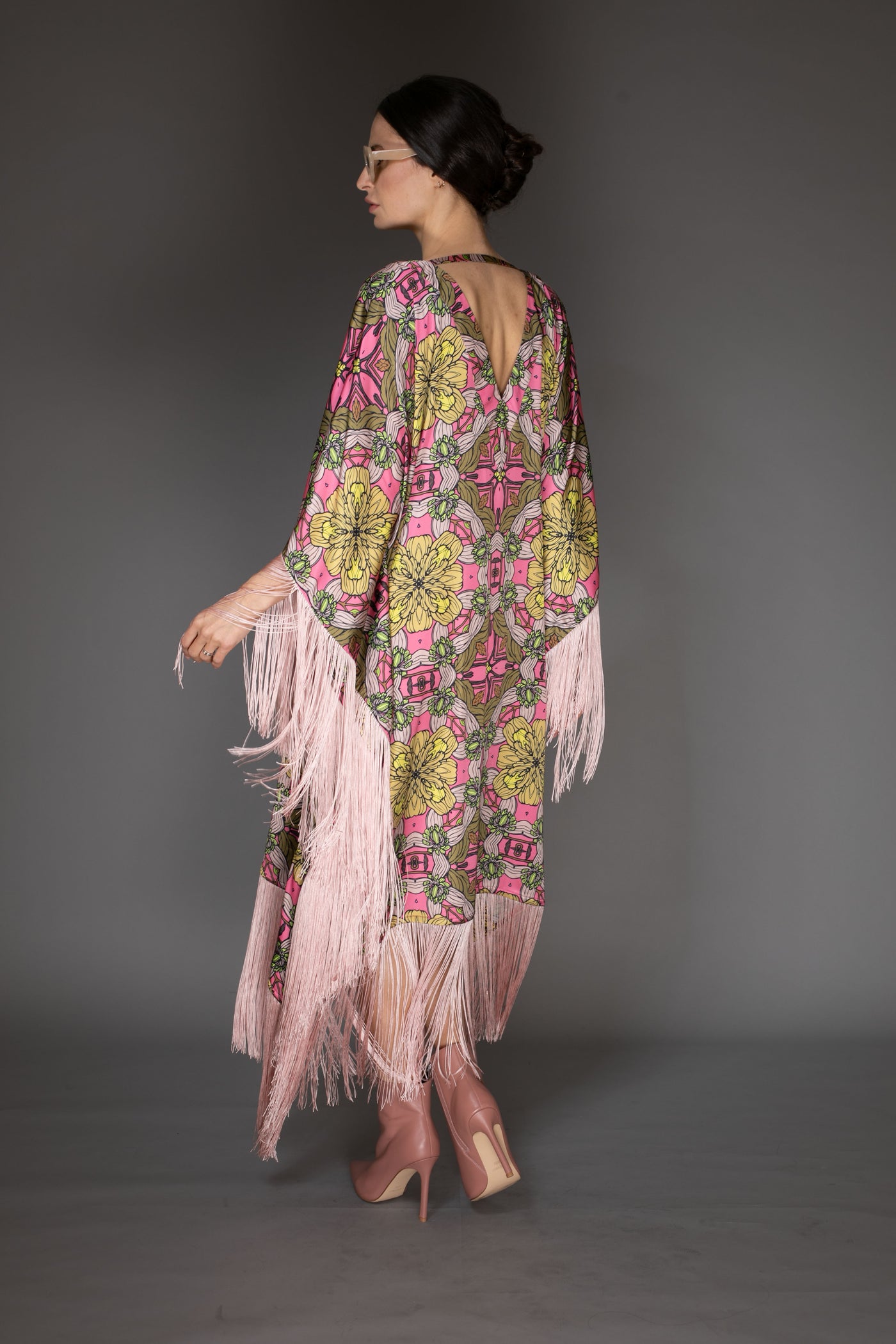 AB -  Rose Pink Fringed Satin Cady Long Kaftan Dress