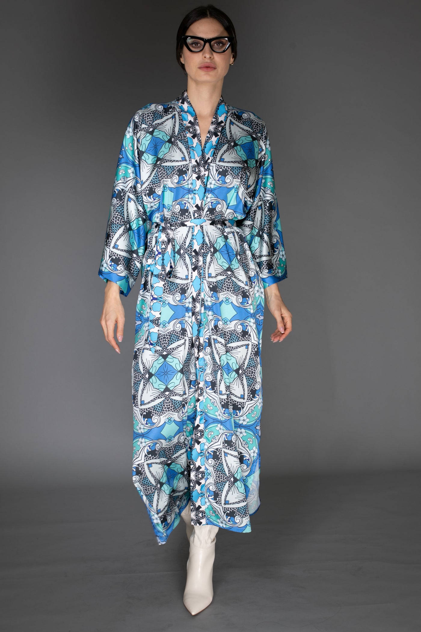 AB Kimono - Pastel Light Blue Satin Abstract