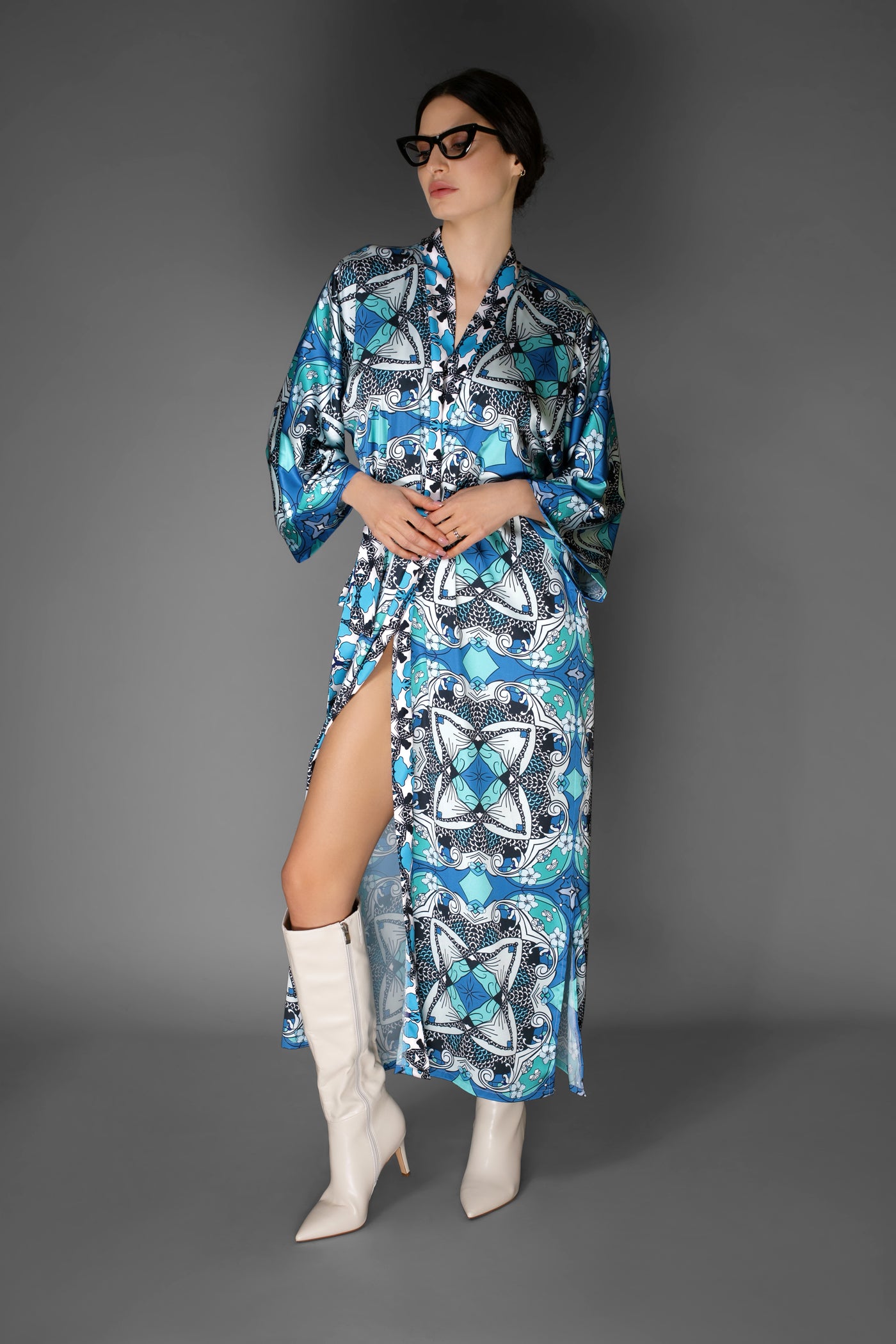 AB - Abstract Pastel Light Blue Satin Kimono