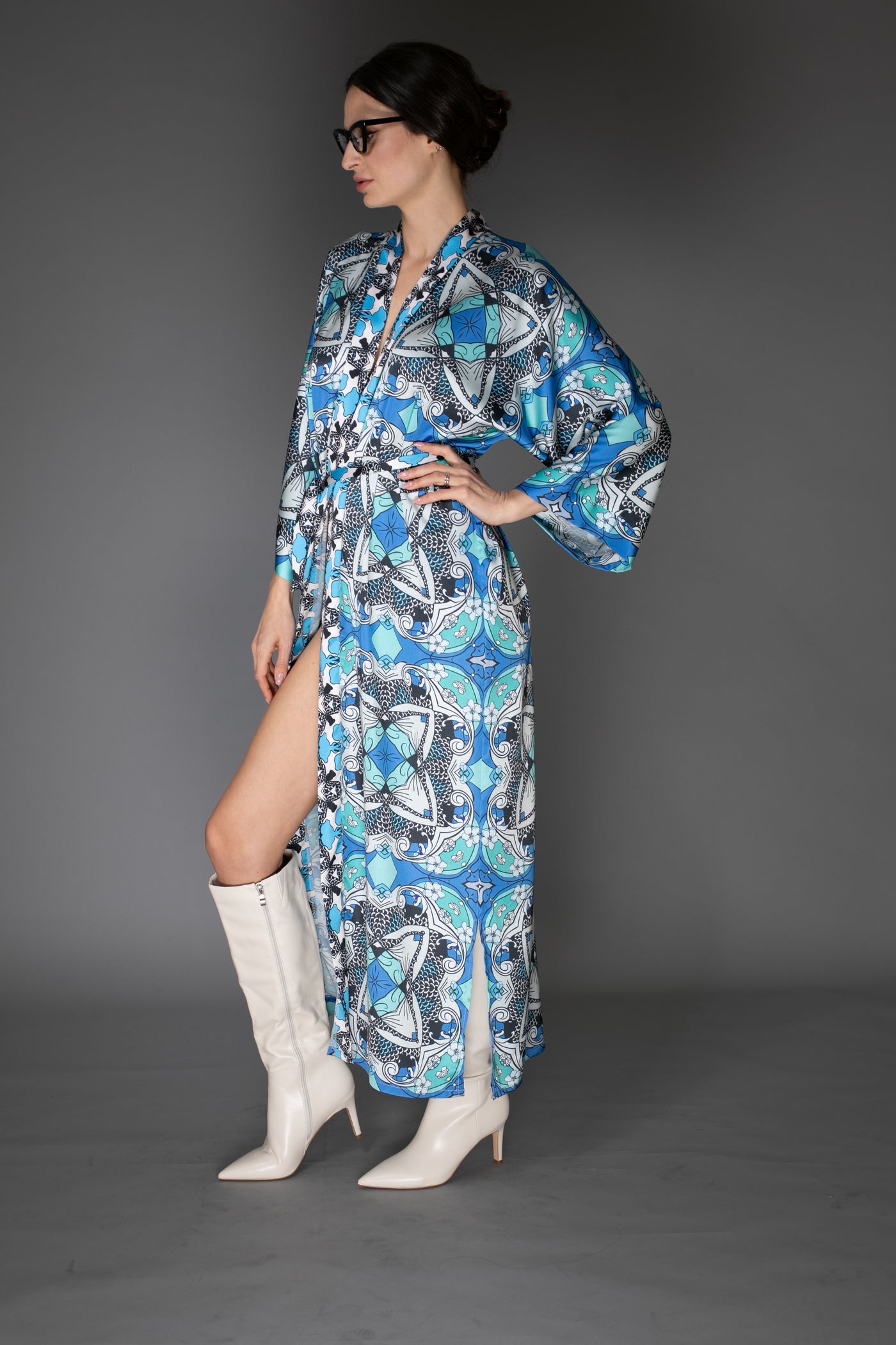 AB Kimono - Pastel Light Blue Satin Abstract