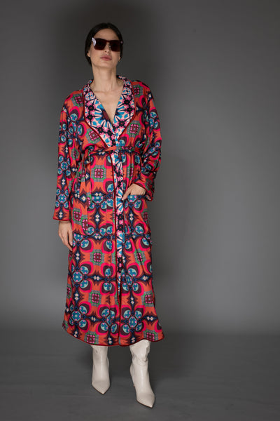 AB - Abstract Red Multi Color Print Reversible Kimono Robe Coat