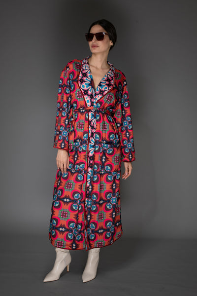 AB - Abstract Red Multi Color Print Reversible Kimono Robe Coat