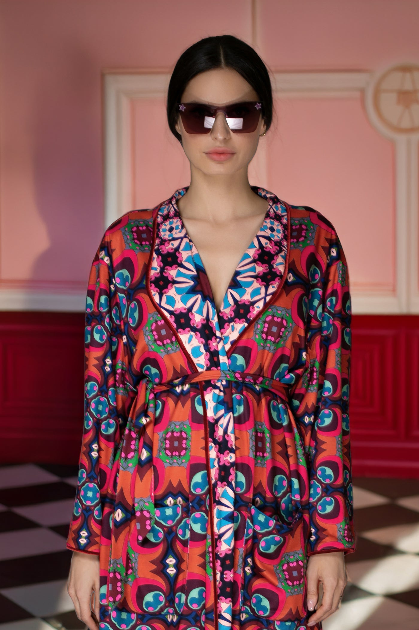AB Robe Coat - Red Multi-Color Print Reversible