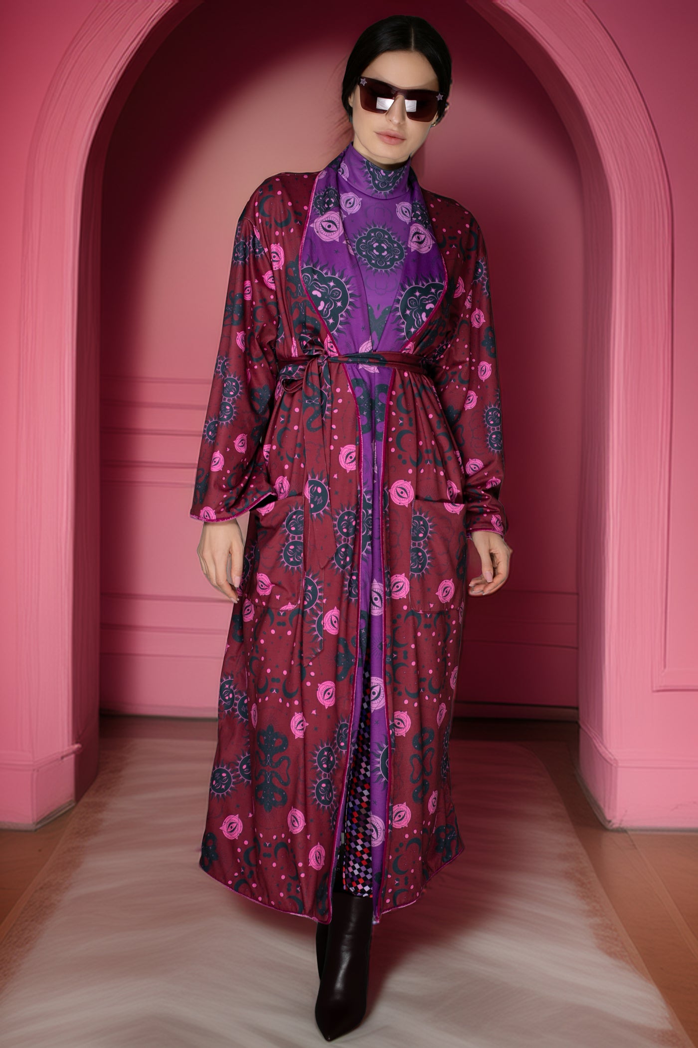 AW - Mystic Red Purple Print Reversible Robe Coat