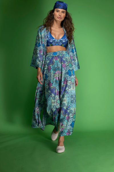 Blue Floral Satin Kimono