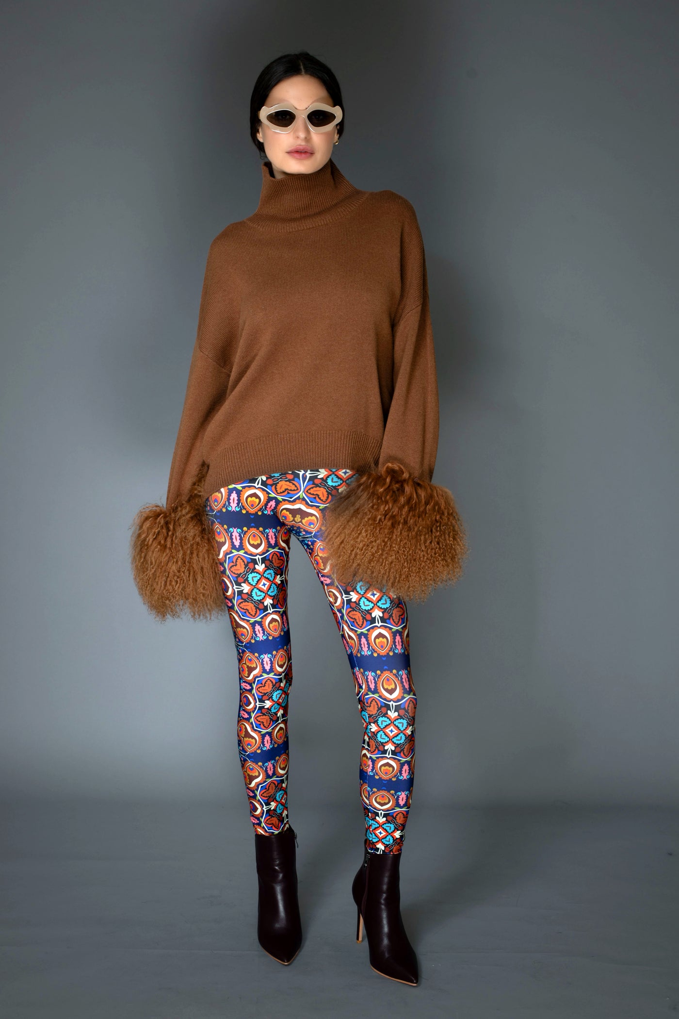 Brown Chocolate Cashmere Sweater with Mongolian Wool Cuff