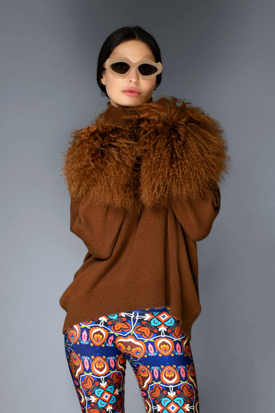 Brown Chocolate Cashmere Sweater with Mongolian Wool Cuff