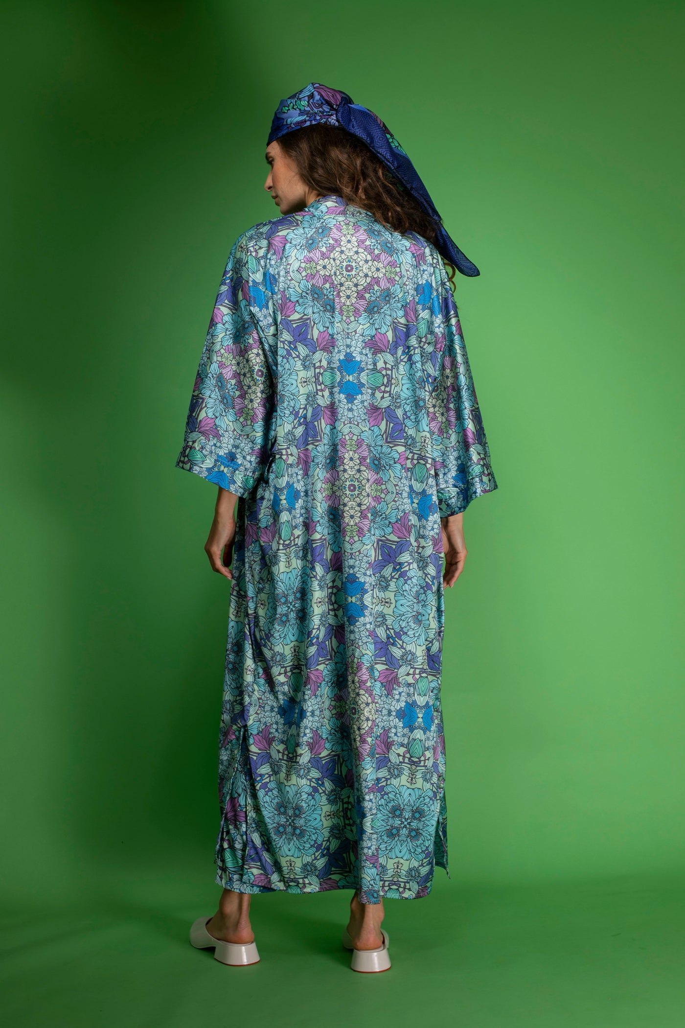 Blue Floral Satin Kimono