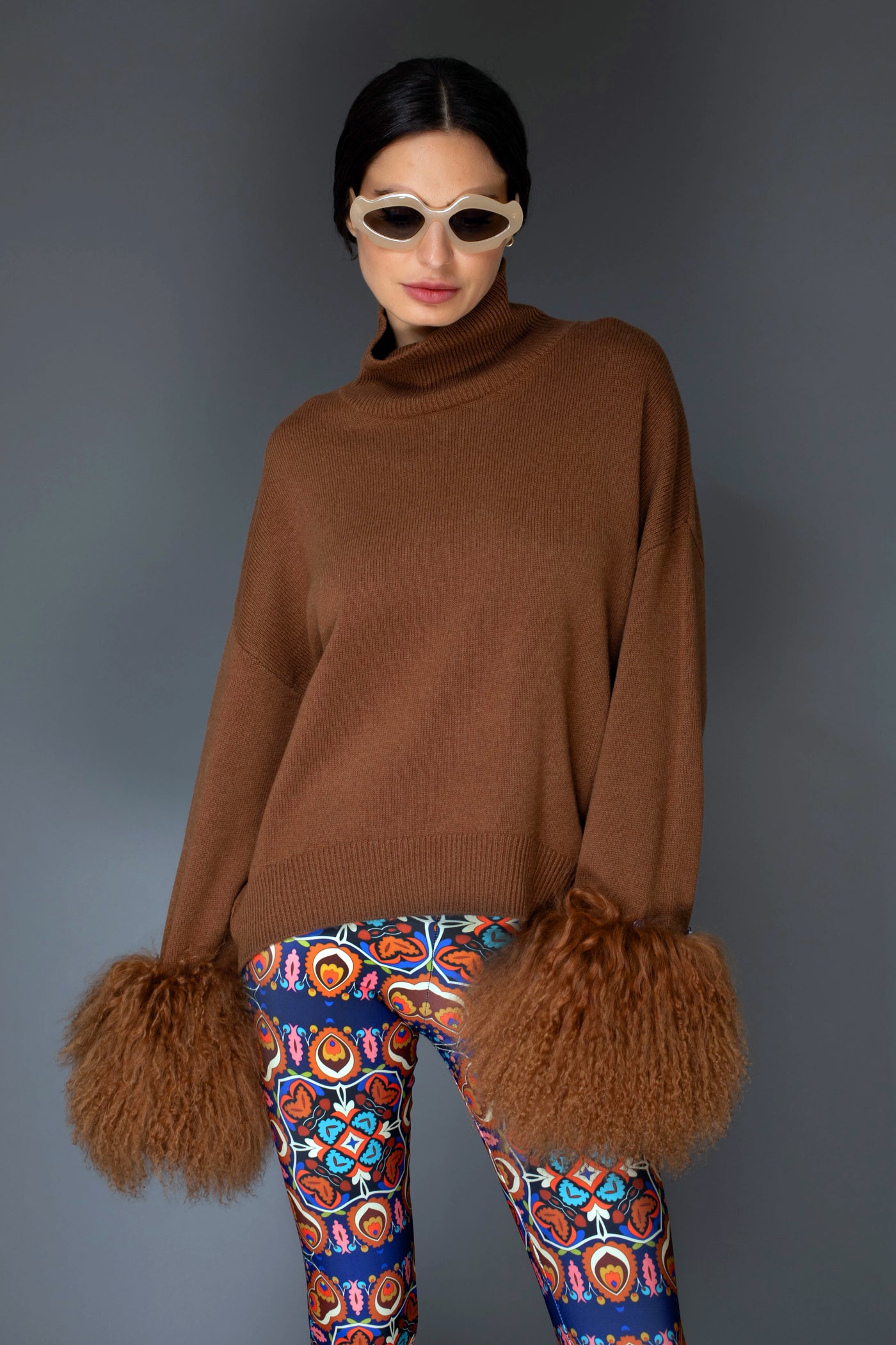 Brown Chocolate Cashmere Sweater with Mongolian Wool Cuff