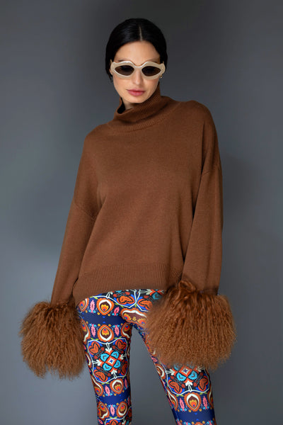 Brown Chocolate Cashmere Sweater with Mongolian Wool Cuff