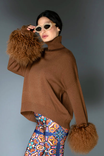 Brown Chocolate Cashmere Sweater with Mongolian Wool Cuff