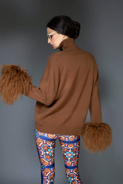 Brown Chocolate Cashmere Sweater with Mongolian Wool Cuff