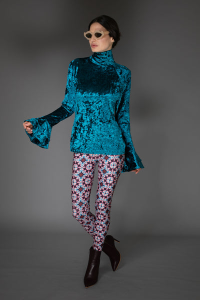 Blue Flare Ruffle Long-Sleeve Velvet Top
