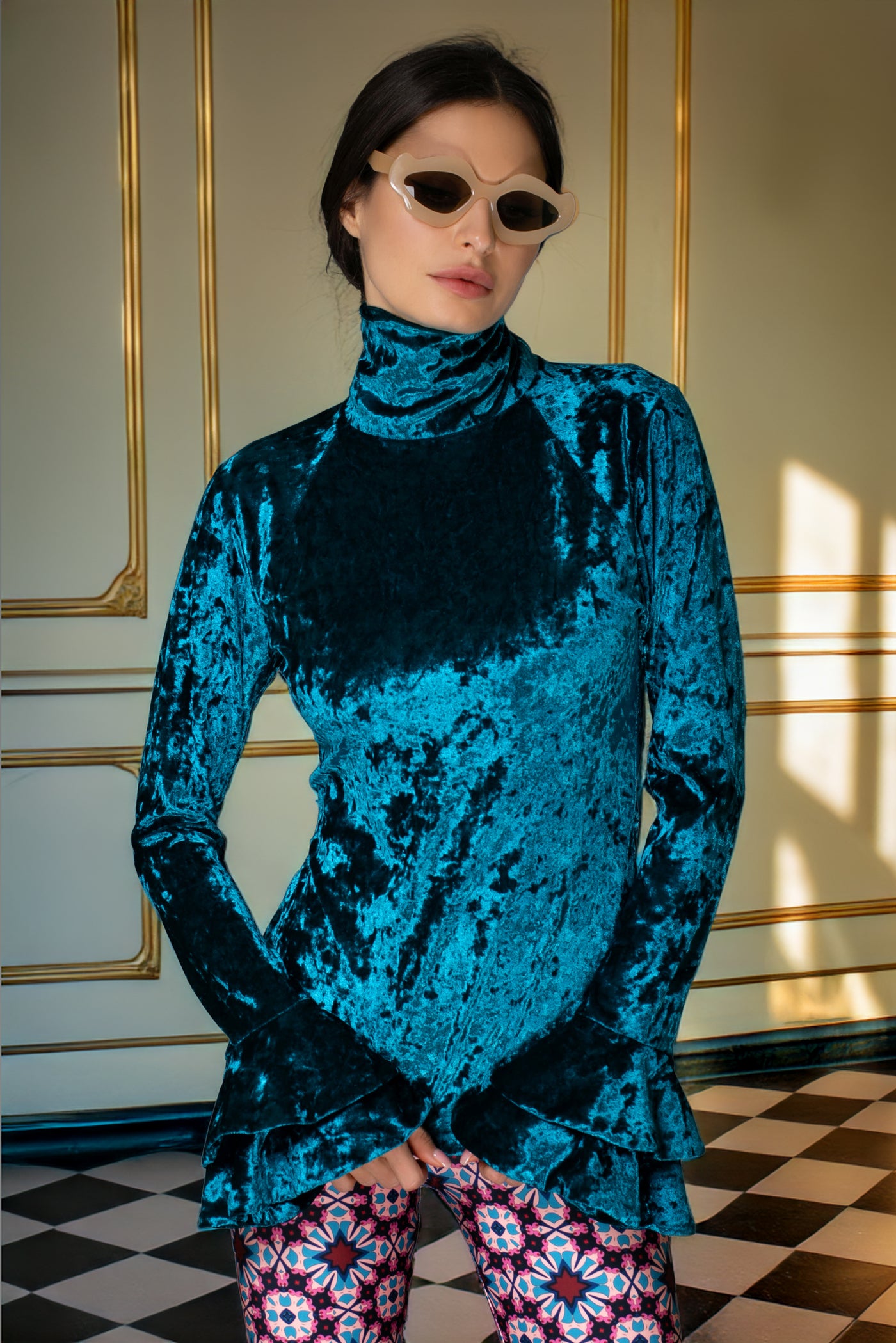 Blue Flare Ruffle Long-Sleeve Velvet Top