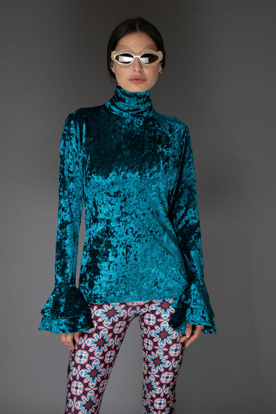 Blue Flare Ruffle Long-Sleeve Velvet Top