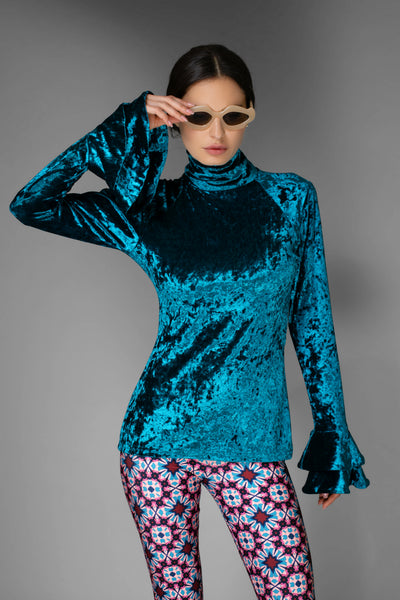 Blue Flare Ruffle Long-Sleeve Velvet Top