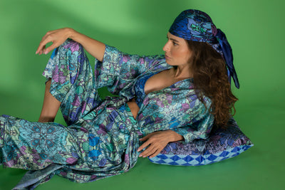 Blue Floral Satin Kimono